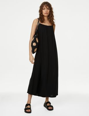 M&S Womens Square Neck Strappy Midi Cami Slip Dress - 10REG - Black, Black