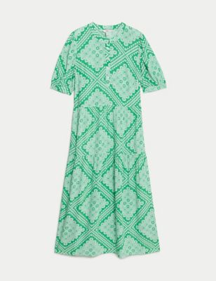 Printed Round Neck Midi Relaxed Tiered Dress