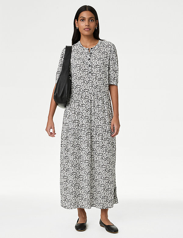 Printed Round Neck Midi Relaxed Tiered Dress - LV