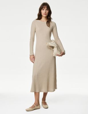M&S Womens Cotton Rich Ribbed Midi Column Dress - 12REG - Beige, Beige