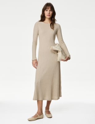 

Womens M&S Collection Cotton Rich Ribbed Midi Column Dress - Beige, Beige