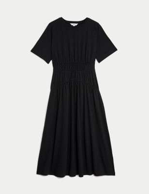Jersey Shirred Midi Waisted Dress