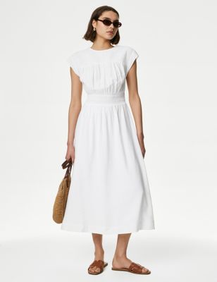 M&S Womens Ruched Midi Waisted Dress - 10REG - White, White,Rich Amber