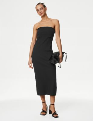 M&S Women's Cotton Rich Ribbed Bandeau Midi Dress - 22REG - Black, Black,Buff