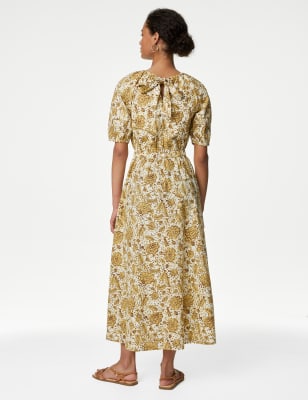 Pure Cotton Floral Midi Waisted Dress