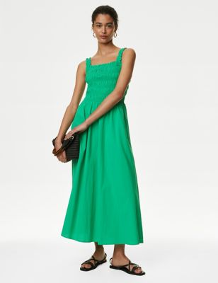 M&S Womens Pure Cotton Square Neck Midi Shirred Dress - 8LNG - Medium Green, Medium Green,Pink