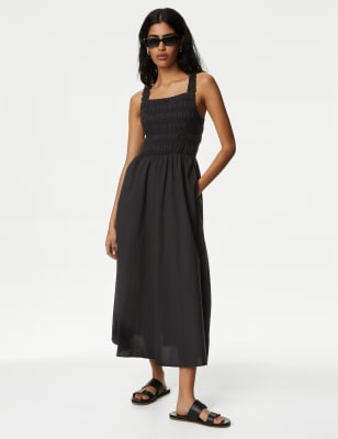 Pure Cotton Square Neck Midi Shirred Dress