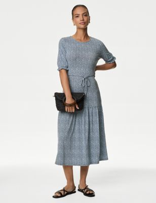 

Womens M&S Collection Jersey Printed Tie Detail Midi Tea Dress - Dark Blue Mix, Dark Blue Mix