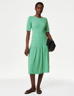 

Womens M&S Collection Jersey Printed Tie Detail Midi Tea Dress - Green Mix, Green Mix