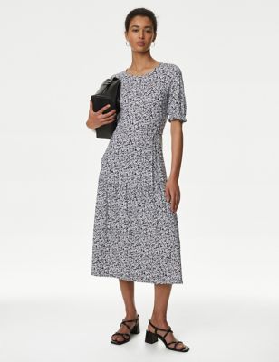 

Womens M&S Collection Jersey Printed Tie Detail Midi Tea Dress - Black Mix, Black Mix