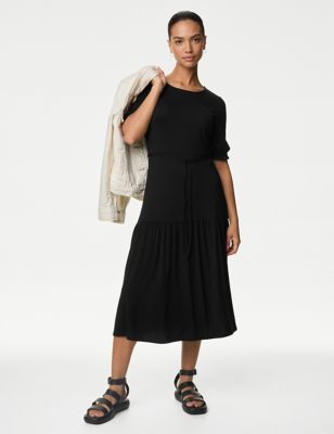 M&S Womens Jersey Tie Detail Midi Tea Dress - 8REG - Black, Black