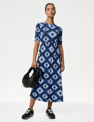M&S Women's Jersey Printed Midi Waisted Dress - 8REG - Navy Mix, Navy Mix,Blue Mix