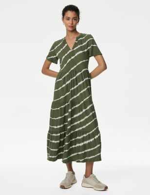 M&S Womens Pure Cotton Printed V-Neck Midi Tiered Dress - 12REG - Khaki Mix, Khaki Mix,Black Mix