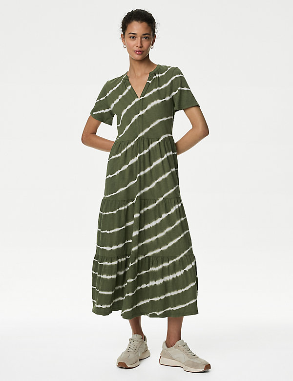 Pure Cotton Printed V-Neck Midi Tiered Dress - NZ