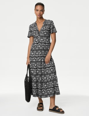 M&S Womens Pure Cotton Printed V-Neck Midi Tiered Dress - 6REG - Black Mix, Black Mix,Khaki Mix