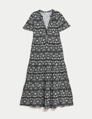 Pure Cotton Printed V-Neck Midi Tiered Dress