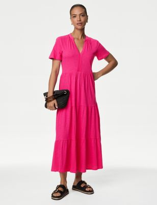 M&S Womens Pure Cotton Jersey V-Neck Midi Tiered Dress - 10REG - Pink, Pink,Black