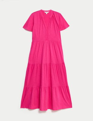 Pure Cotton Jersey V-Neck Midi Tiered Dress