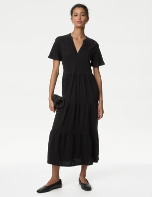 M&S Womens Pure Cotton Jersey V-Neck Midi Tiered Dress - 24REG - Black, Black