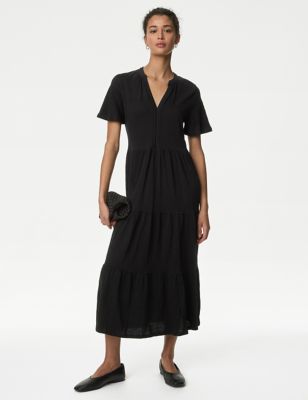 M&S Womens Pure Cotton Jersey V-Neck Midi Tiered Dress - 6REG - Black, Black