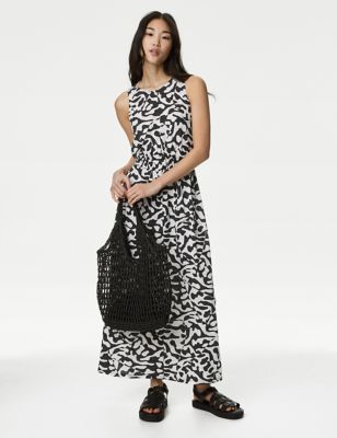 

Womens M&S Collection Linen Rich Printed Midi Waisted Dress - Black Mix, Black Mix