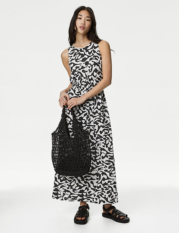 Linen Rich Printed Midi Waisted Dress - NZ