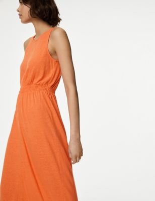 M&S Womens Linen Rich Jersey Round Neck Midi Waisted Dress - 6REG - Orange, Orange,Iris