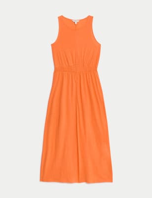 

Womens M&S Collection Linen Rich Jersey Round Neck Midi Waisted Dress - Orange, Orange