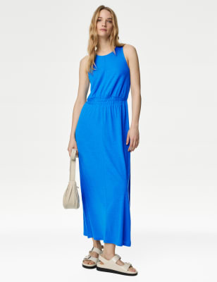 Linen Rich Jersey Round Neck Midi Waisted Dress - JO