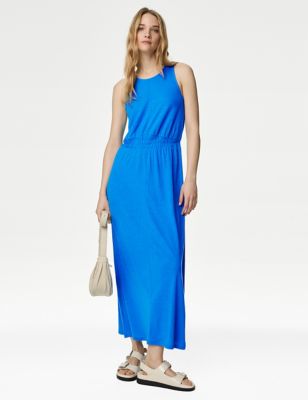 M&S Womens Linen Rich Jersey Round Neck Midi Waisted Dress - 6REG - Iris, Iris
