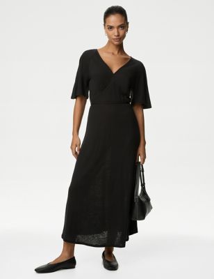 M&S Womens Linen Rich Midi Smock Dress - 6REG - Black, Black