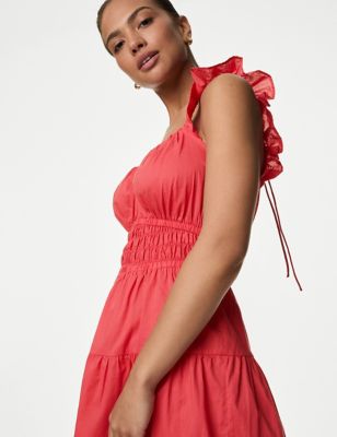 M&S Womens Pure Cotton Sweetheart Neckline Midi Dress - 10REG - Light Cranberry, Light Cranberry,Iri