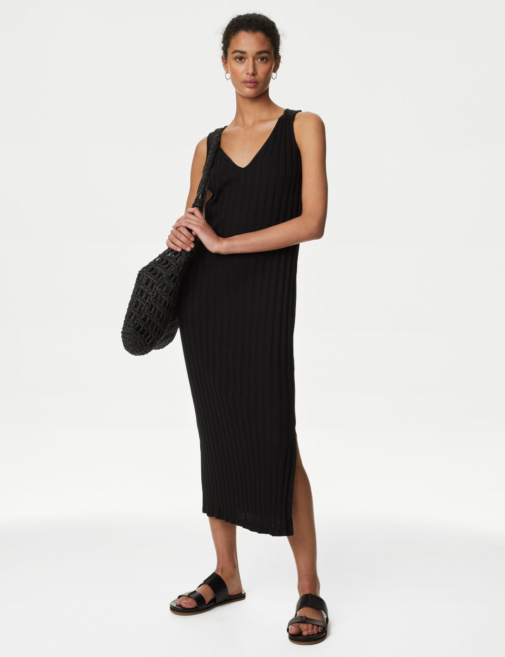 Cotton Blend Knitted Ribbed Column Midi Dress