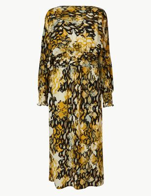 Animal Print Long Sleeve Waisted Midi Dress | M&S Collection | M&S