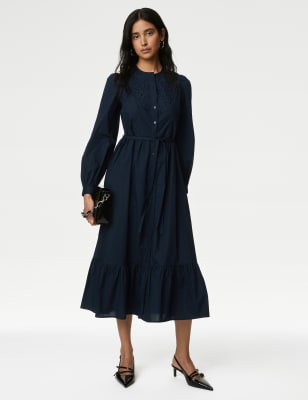 

Womens M&S Collection Pure Cotton Broderie Midaxi Waisted Dress - Midnight Navy, Midnight Navy