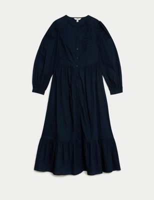 

Womens M&S Collection Pure Cotton Broderie Midaxi Waisted Dress - Midnight Navy, Midnight Navy