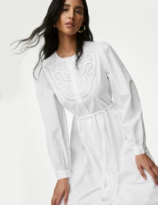 M&S Womens Pure Cotton Broderie Midaxi Waisted Dress - 8REG - White, White,Midnight Navy