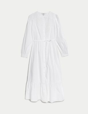 

Womens M&S Collection Pure Cotton Broderie Midaxi Waisted Dress - White, White