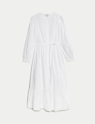 

Womens M&S Collection Pure Cotton Broderie Midaxi Waisted Dress - White, White