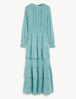 Cotton Blend Printed Maxi Tiered Dress