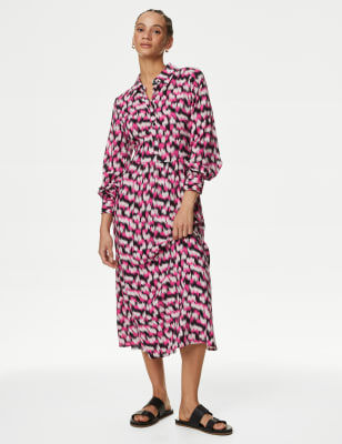 M&S Womens Printed Button Front Midi Shirt Dress - 14REG - Pink Mix, Pink Mix,Bright Blue Mix,Light 