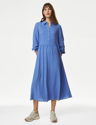 M&S Womens Printed Button Front Midi Shirt Dress - 12REG - Light Blue Mix, Light Blue Mix,Bright Blu