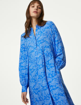 M&S Womens Printed Button Front Midi Shirt Dress - 12REG - Bright Blue Mix, Bright Blue Mix,Light Bl