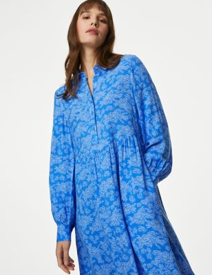 M&S Womens Printed Button Front Midi Shirt Dress - 8REG - Bright Blue Mix, Bright Blue Mix