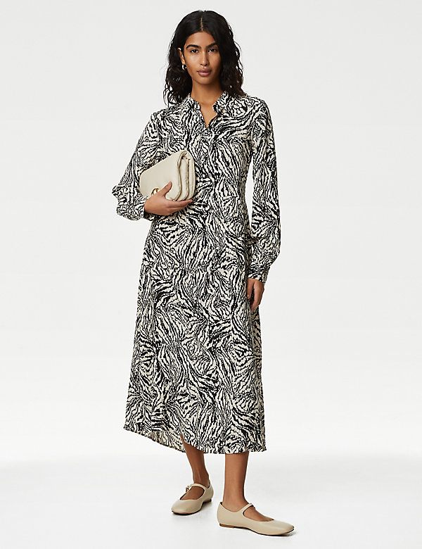Printed Button Front Midi Shirt Dress - RS