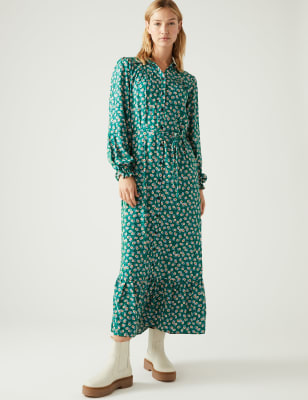 

Womens M&S Collection Maxi-Shirtkleid mit Gürtel und Blumenmuster - Green Mix, Green Mix