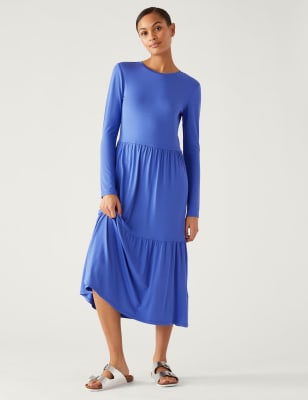 

Womens M&S Collection Midaxi-Stufenkleid aus Jersey mit Rundhalsausschnitt - Blue, Blue