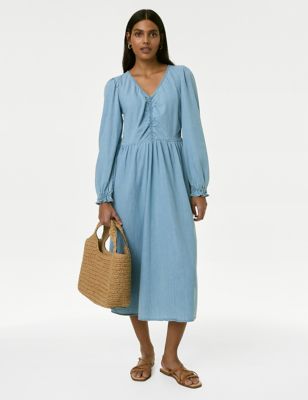 

Womens M&S Collection Denim V-Neck Puff Sleeve Midi Column Dress, Denim