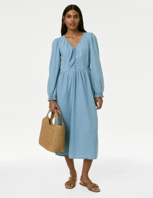 

M&S Collection Vestido columna a media pierna de manga abullonada de escote en pico denimWomens, Denim