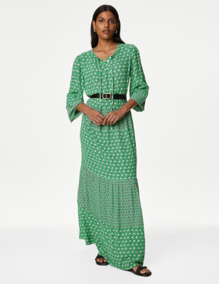 

Womens M&S Collection Printed Tie Neck Belted Maxi Tiered Dress - Green Mix, Green Mix